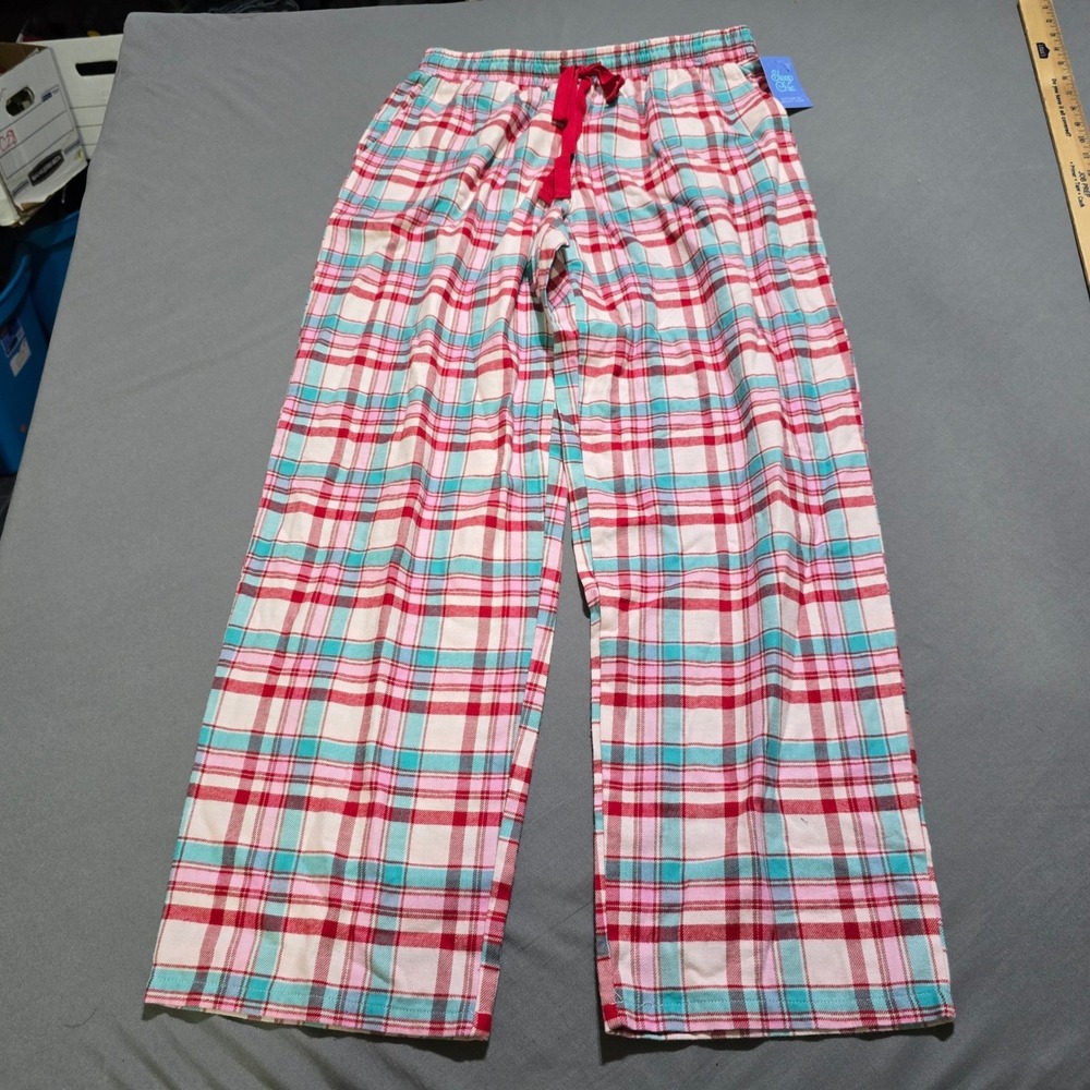 Sleep Chic Pajama Pants Womens Medium Pink Teal Plaid Cotton Sleepwear NEW